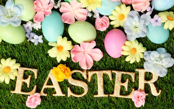 A vibrant 4K Ultra HD desktop wallpaper featuring colorful Easter eggs and spring flowers arranged on green grass with the word EASTER spelled out in golden letters.