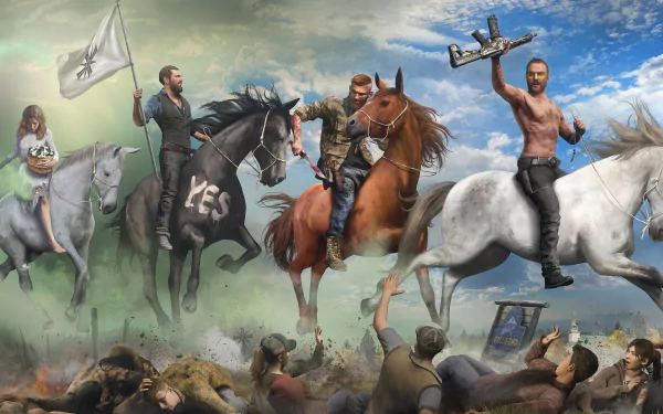 4K Ultra HD Far Cry 5 wallpaper featuring characters riding horses over a crowd, set against a dynamic sky background in a video game scene.