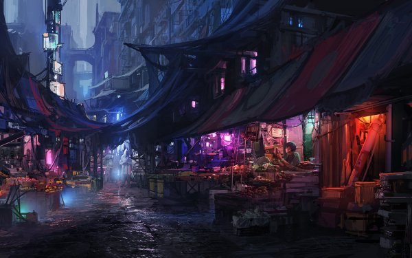Sci Fi City Night Futuristic Market Cyberpunk Cityscape HD Wallpaper | Background Image