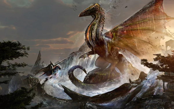 A fantasy warrior knight on horseback wields a lance, confronting a massive dragon amid a rugged, stormy landscape in stunning 4K Ultra HD detail.