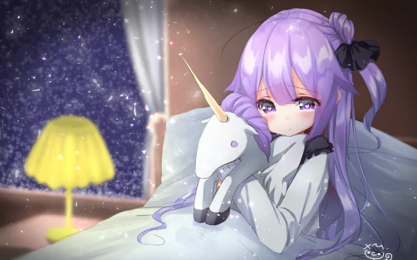HD desktop wallpaper featuring Unicorn from Azur Lane, depicted in an anime style. The character is resting cozily in bed under a blanket, holding a small unicorn plush toy, with a soft lit lamp and starry night background.