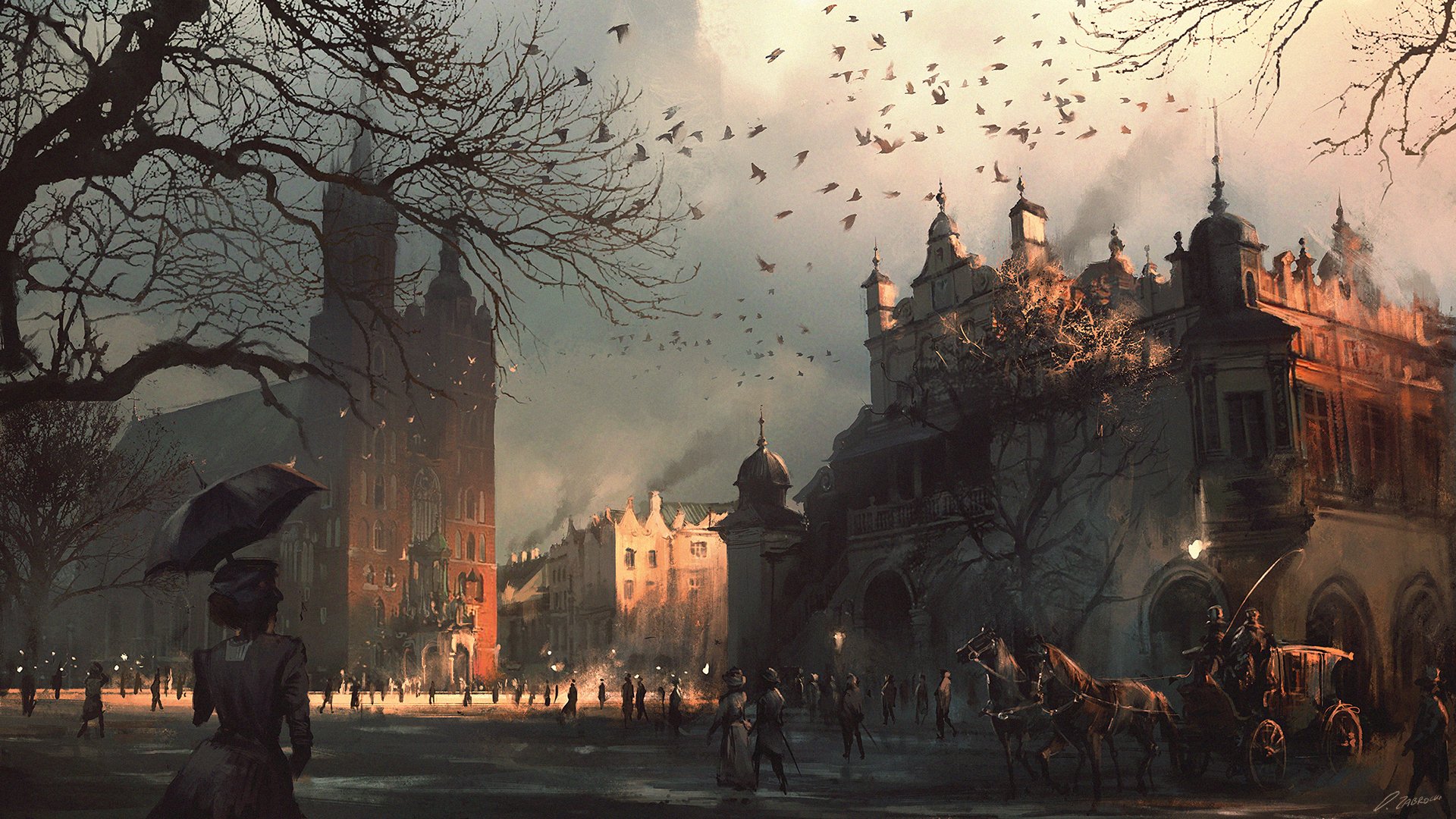 A fantasy town bathed in warm light with medieval buildings, people walking, and a flock of birds in the sky; an HD cityscape PC desktop wallpaper and background.