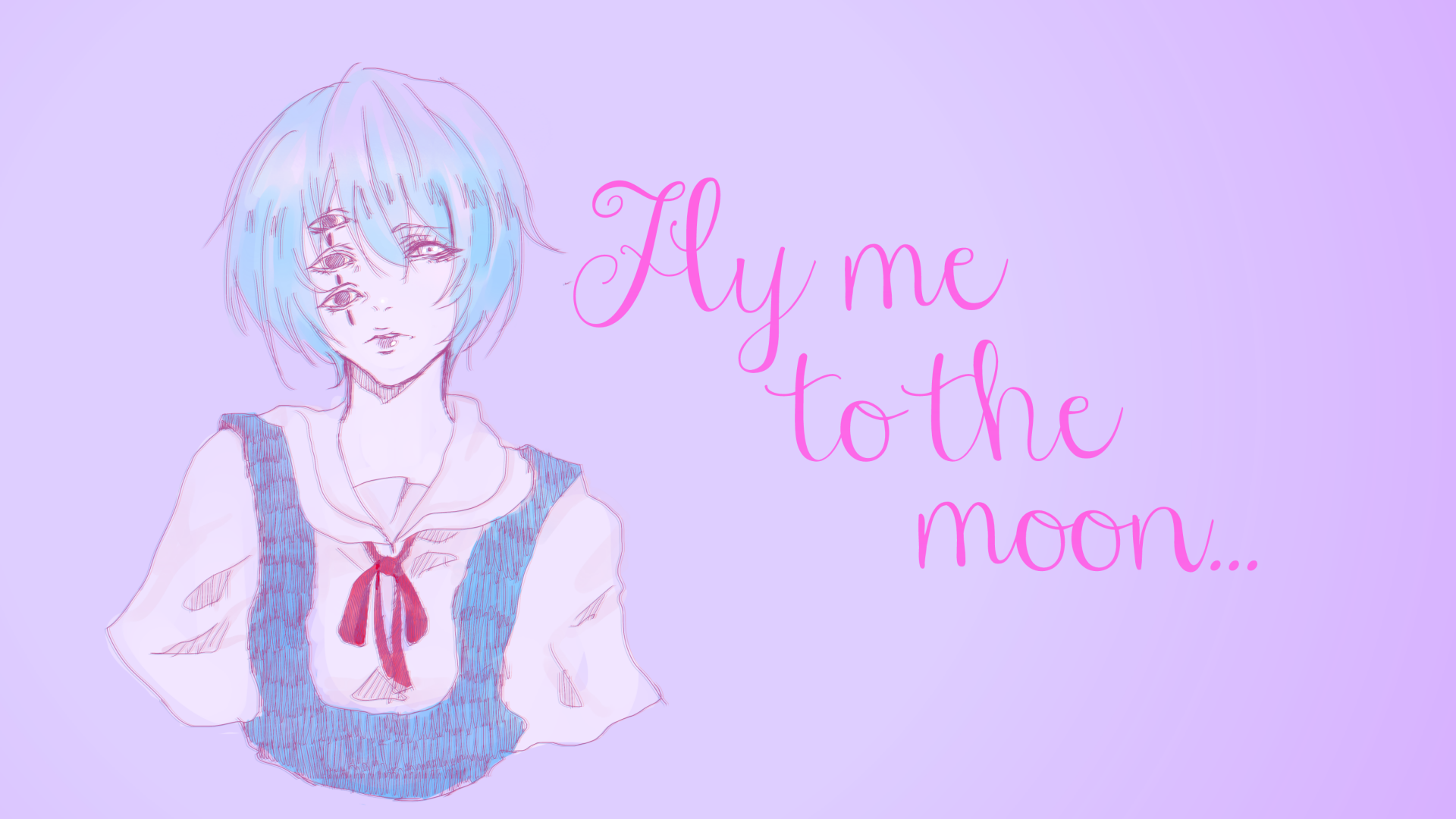 HD PC desktop wallpaper featuring Rei Ayanami from Neon Genesis Evangelion with pastel tones and the text Fly me to the moon... on a soft purple background.