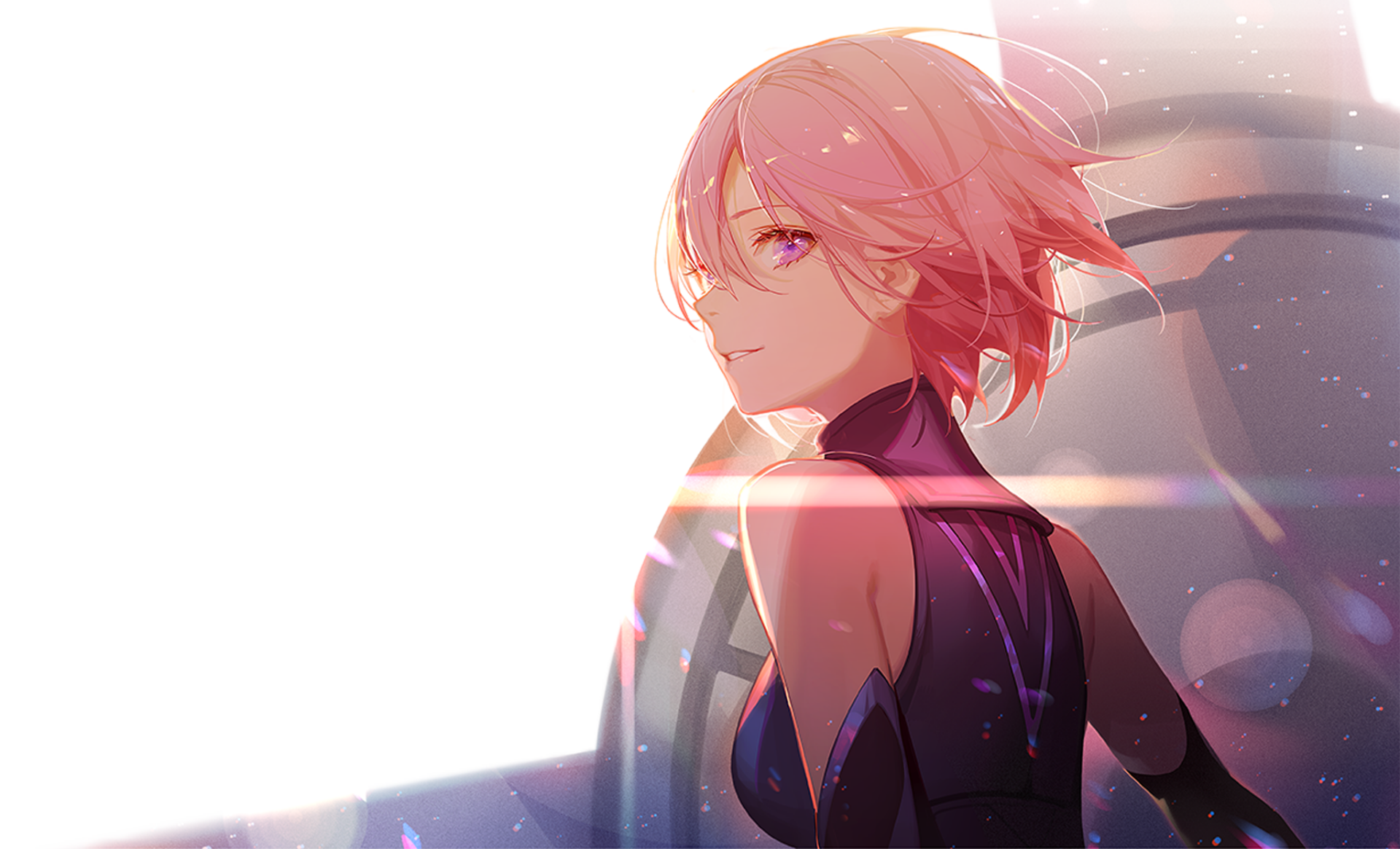 HD anime desktop wallpaper featuring Mashu Kyrielight, the Shielder from Fate/Grand Order, with soft lighting and a futuristic background.