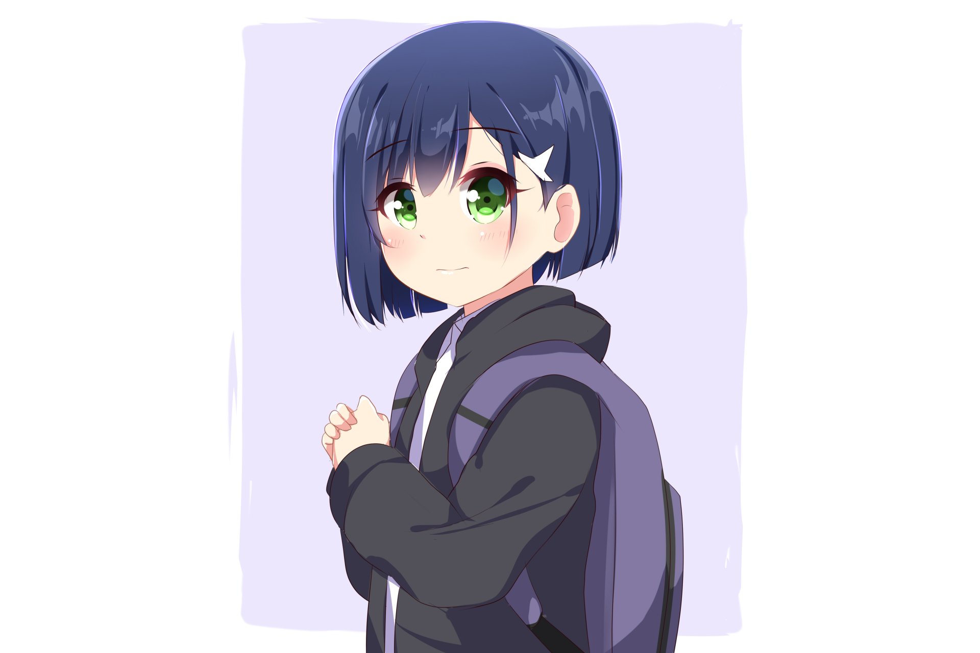 HD wallpaper featuring Ichigo from Darling in the FranXX with short blue hair, green eyes, and a white hairpin, depicted in anime style.