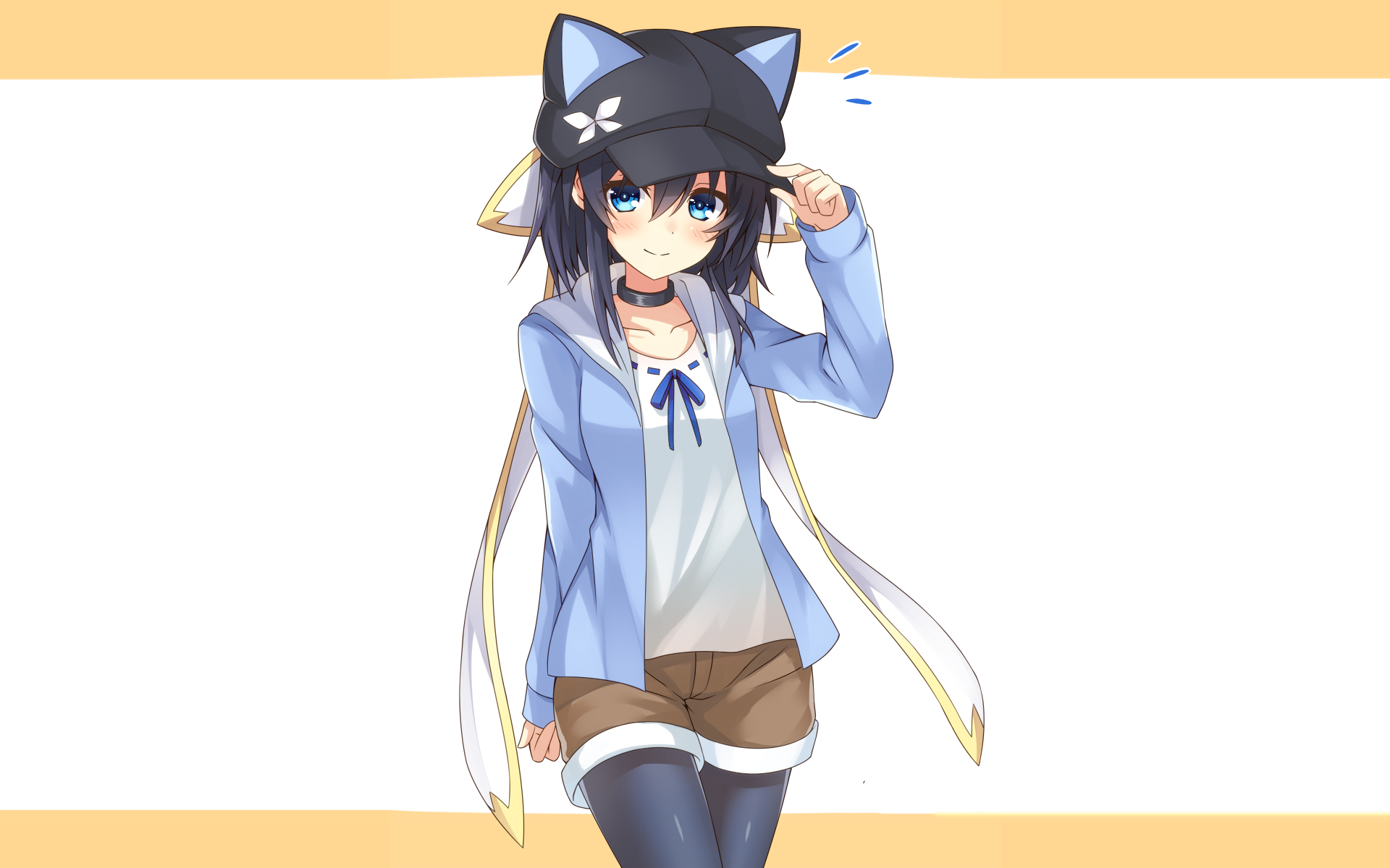 Original anime HD PC desktop wallpaper: blue-eyed girl in a cat-eared black hat, light-blue jacket, shorts and thigh-highs, ribbons trailing on a white panel with orange borders.