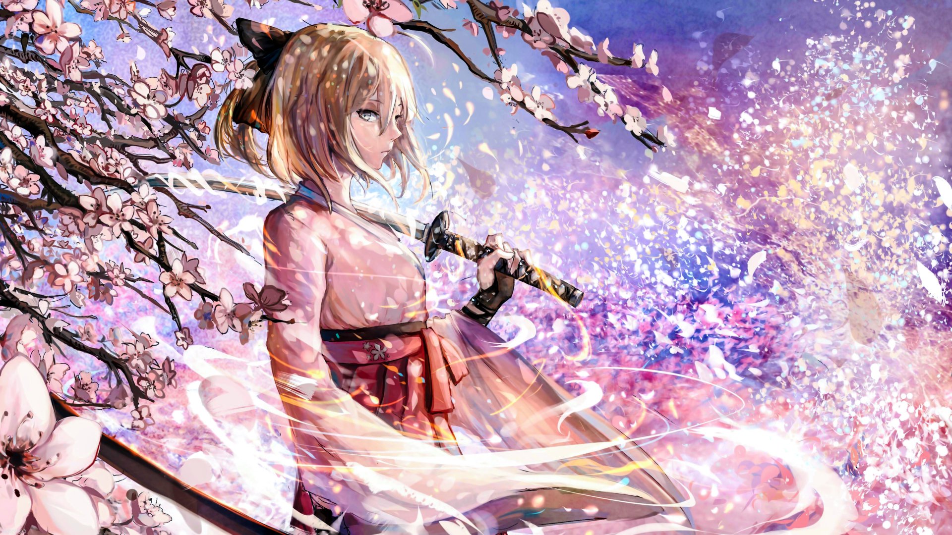 Anime HD desktop wallpaper features Saber from the Fate Series, dressed as Sakura Saber, with a sword amid cherry blossoms. Vibrant colors and beautiful scenery from Fate/Grand Order enhance the background.