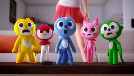HD PC desktop wallpaper from the movie Mini Special Forces X: five shocked colorful cartoon characters (yellow, small red, blue, pink, green) stare from a coffee table with a person in the background.