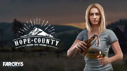 HD desktop wallpaper featuring a character from Far Cry 5 holding a Molotov cocktail with Hope County and Far Cry 5 logos in the background.