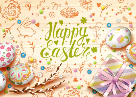 A vibrant HD desktop wallpaper featuring colorful Easter eggs, a wrapped gift, spring blossoms, and Happy Easter text on a wooden background for the holiday.