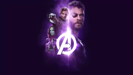 HD desktop wallpaper featuring characters from the movie Avengers: Infinity War including Drax, Groot, Rocket, Gamora, Star Lord, and Thor. The Avengers logo is prominent and illuminated.