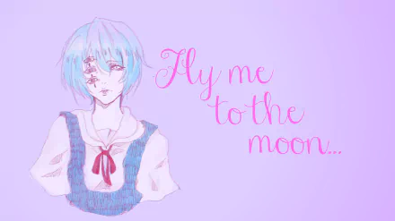 HD PC desktop wallpaper featuring Rei Ayanami from Neon Genesis Evangelion with pastel tones and the text Fly me to the moon... on a soft purple background.