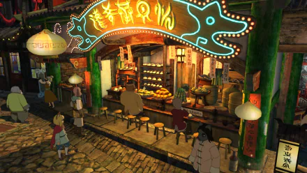 HD wallpaper of Ni no Kuni II: Revenant Kingdom featuring a vibrant in-game street market scene at night.