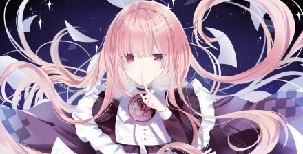 Anime-style original artwork featuring a pink-haired girl in detailed attire, set against a dark, starry background. 4K Ultra HD PC desktop wallpaper.