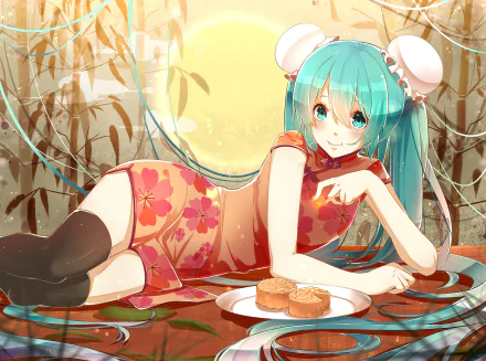 HD PC desktop wallpaper featuring Hatsune Miku, the anime Vocaloid, reclining beside mooncakes with a warm, bamboo forest background.