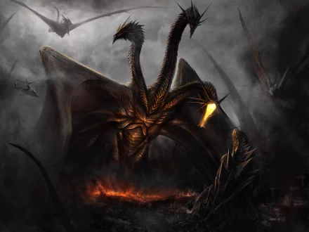 A dynamic HD wallpaper featuring King Ghidorah, Rodan, Mothra, and Godzilla in an intense fantasy battle. The dark scene depicts the hydra amidst fiery chaos, capturing the epic MonsterVerse creatures in combat.