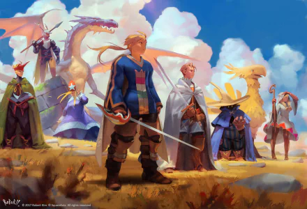 HD PC desktop wallpaper featuring key characters and creatures from the video game Final Fantasy Tactics against a vibrant sky backdrop.