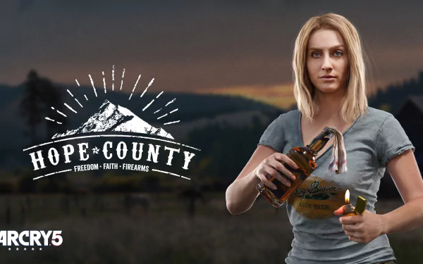 HD desktop wallpaper featuring a character from Far Cry 5 holding a Molotov cocktail with Hope County and Far Cry 5 logos in the background.