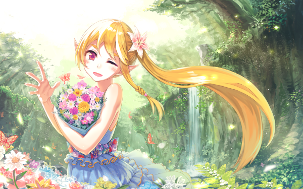 Anime Original Blonde Flower Long Hair Red Eyes Butterfly Elf HD Wallpaper | Background Image