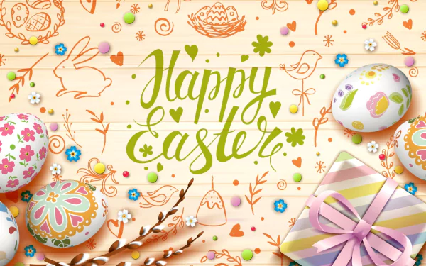 A vibrant HD desktop wallpaper featuring colorful Easter eggs, a wrapped gift, spring blossoms, and Happy Easter text on a wooden background for the holiday.
