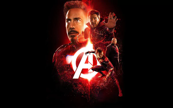 HD desktop wallpaper featuring Avengers: Infinity War with Iron Man, Doctor Strange, Spider-Man, Wong, and the Avengers logo in the center against a dark background.