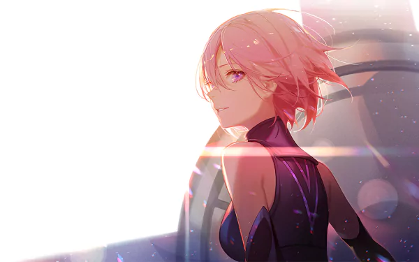 HD anime desktop wallpaper featuring Mashu Kyrielight, the Shielder from Fate/Grand Order, with soft lighting and a futuristic background.