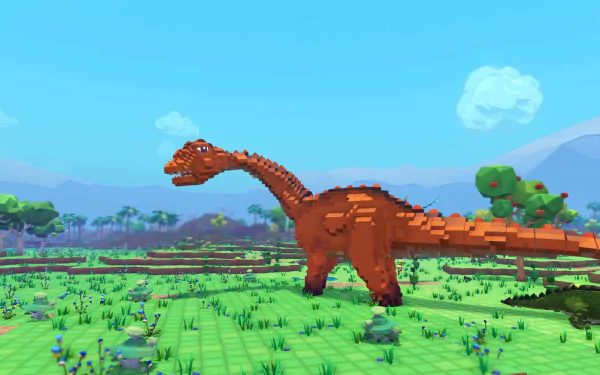 HD wallpaper of a block-style dinosaur from PixARK, set against a vibrant voxel landscape.