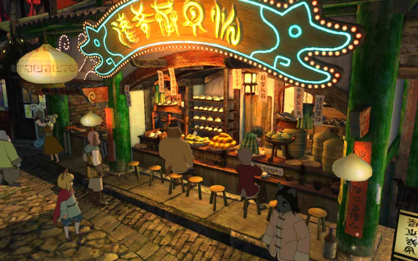 HD wallpaper of Ni no Kuni II: Revenant Kingdom featuring a vibrant in-game street market scene at night.
