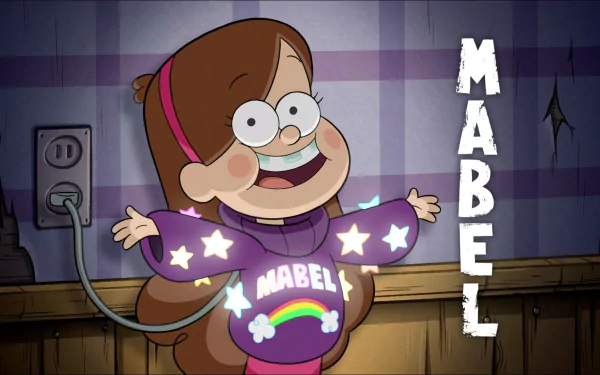 HD wallpaper featuring Mabel from the TV show Gravity Falls, smiling with her arms outstretched, wearing a vibrant sweater with her name on it, and standing in a room with wooden panels and purple wallpaper.