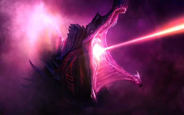 HD desktop wallpaper depicting a fantasy creature exhaling a powerful beam in a dark, mystical environment.