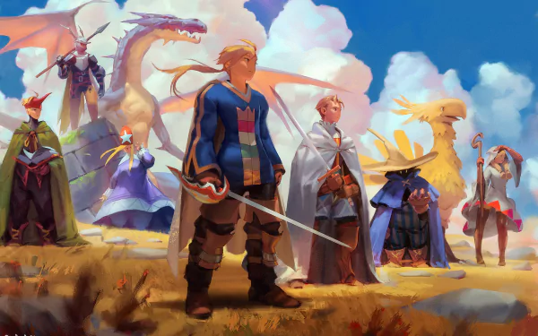HD PC desktop wallpaper featuring key characters and creatures from the video game Final Fantasy Tactics against a vibrant sky backdrop.