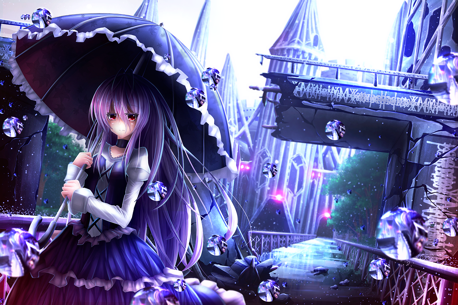 HD anime original artwork featuring a girl in a dark dress holding an umbrella, set against a vibrant, mystical background with glowing crystals and intricate structures.