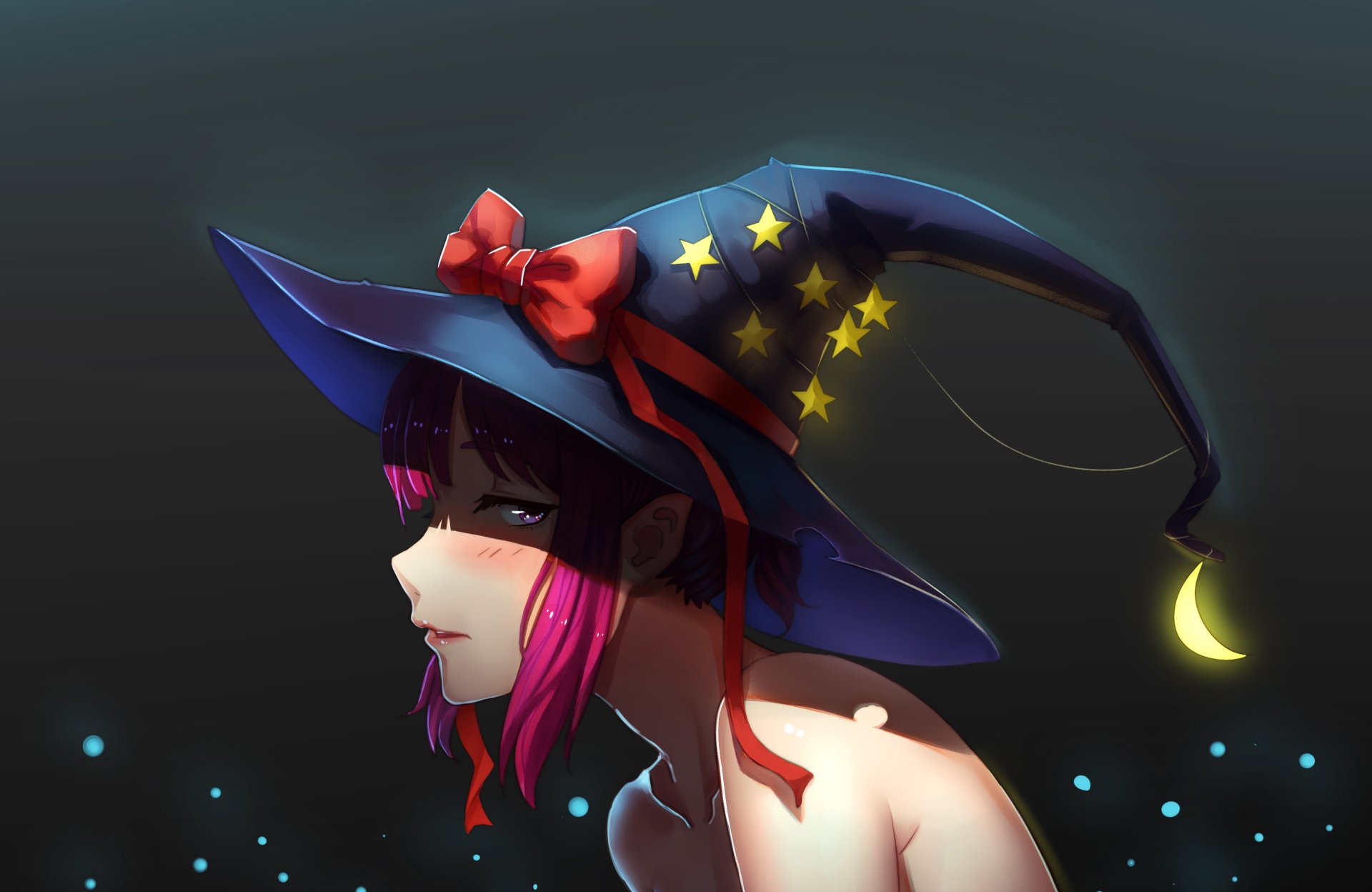 HD anime-style original artwork of a girl with pink hair wearing a star-adorned witch hat featuring a crescent moon, designed as a PC desktop wallpaper background.