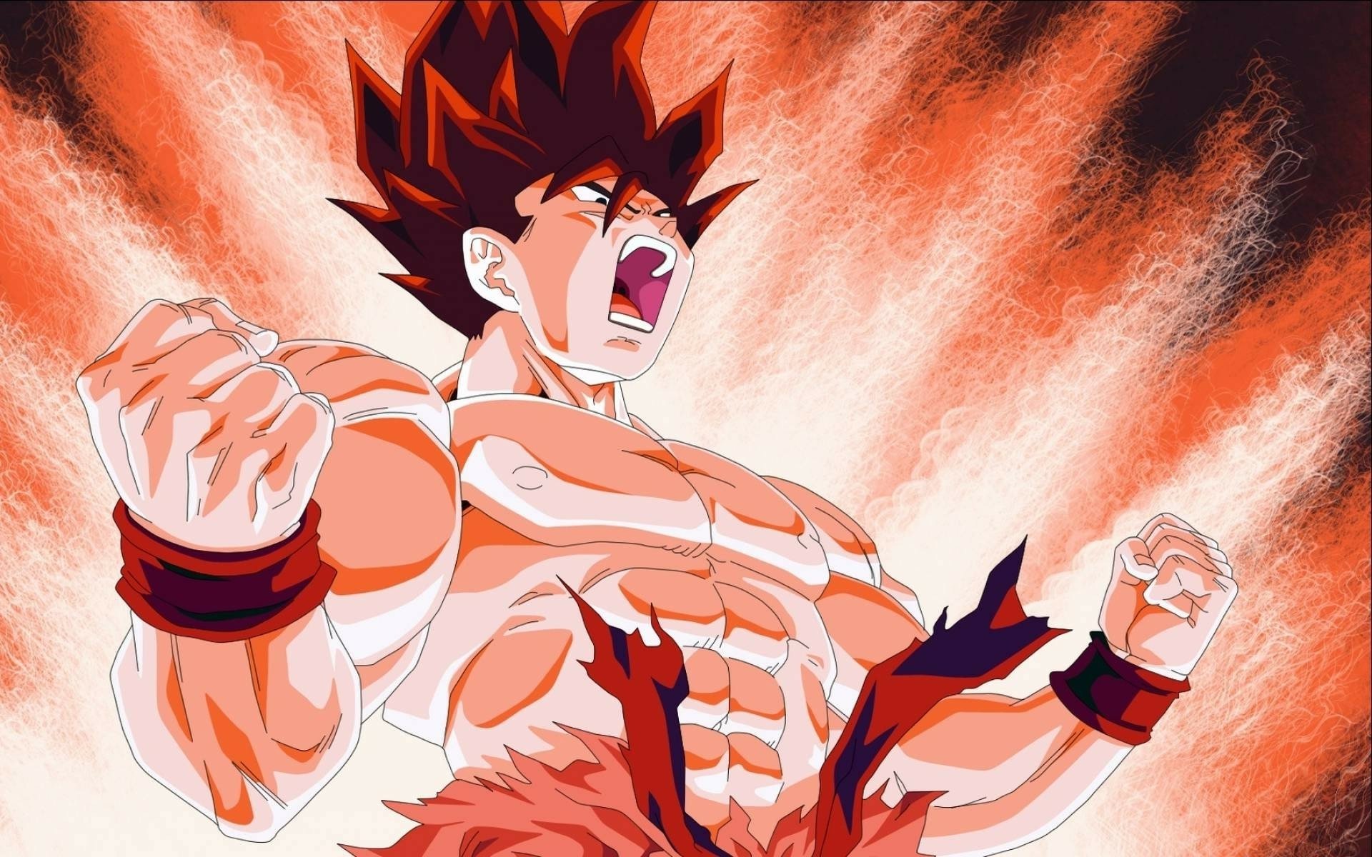 HD anime wallpaper featuring a powerful Super Saiyan from Dragon Ball Super, showcasing intense energy and Kaioken aura in vibrant, fiery colors.
