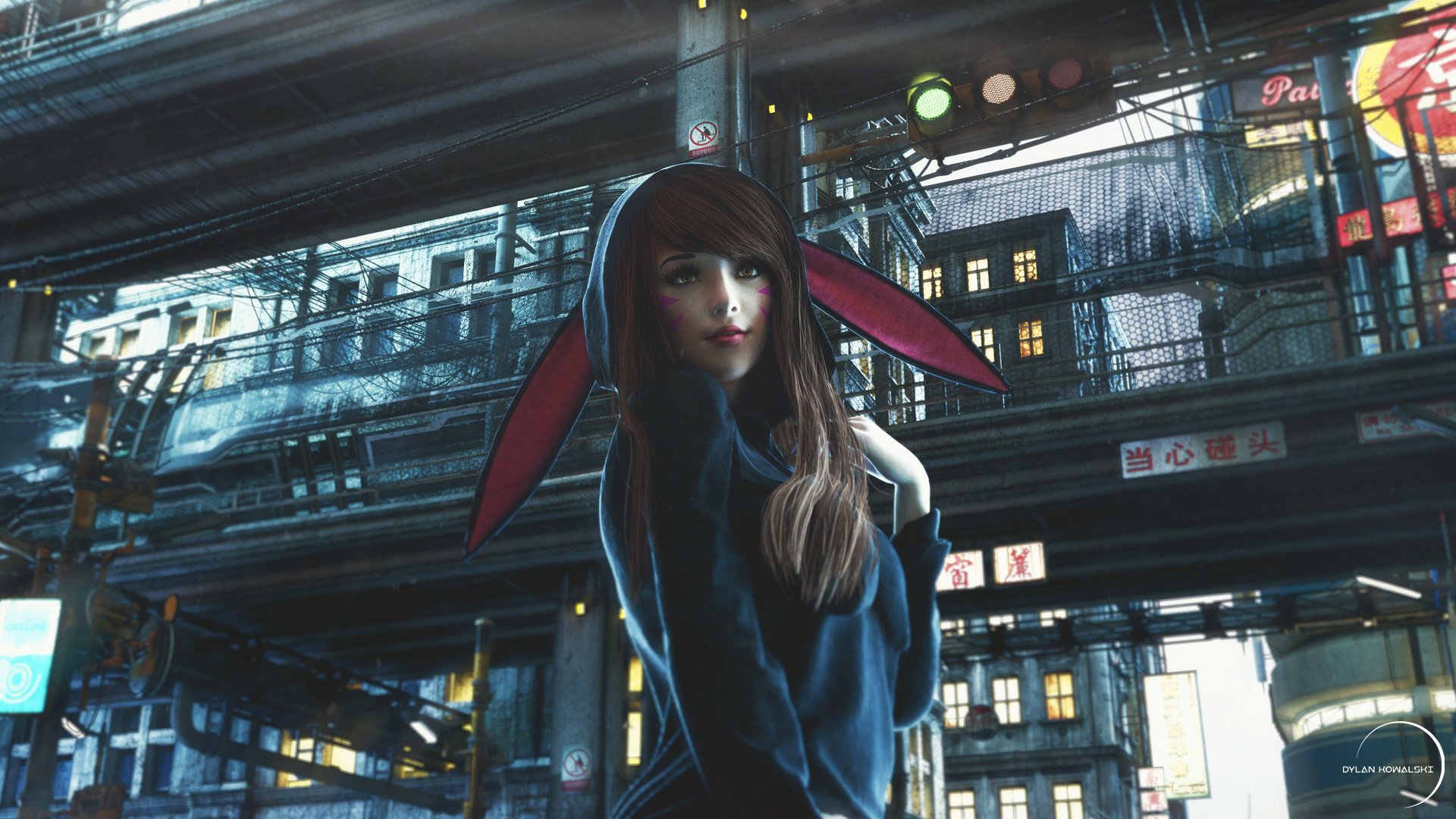 HD desktop wallpaper featuring D.Va from Overwatch, wearing a hoodie with animal ears, set against a cyberpunk cityscape background.