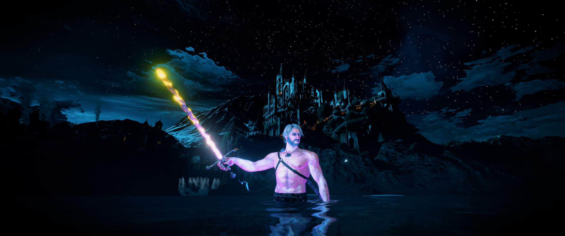 Geralt of Rivia casting a glowing spell at night with a dark castle in the background, from The Witcher 3: Wild Hunt - Blood and Wine, HD video game desktop wallpaper.