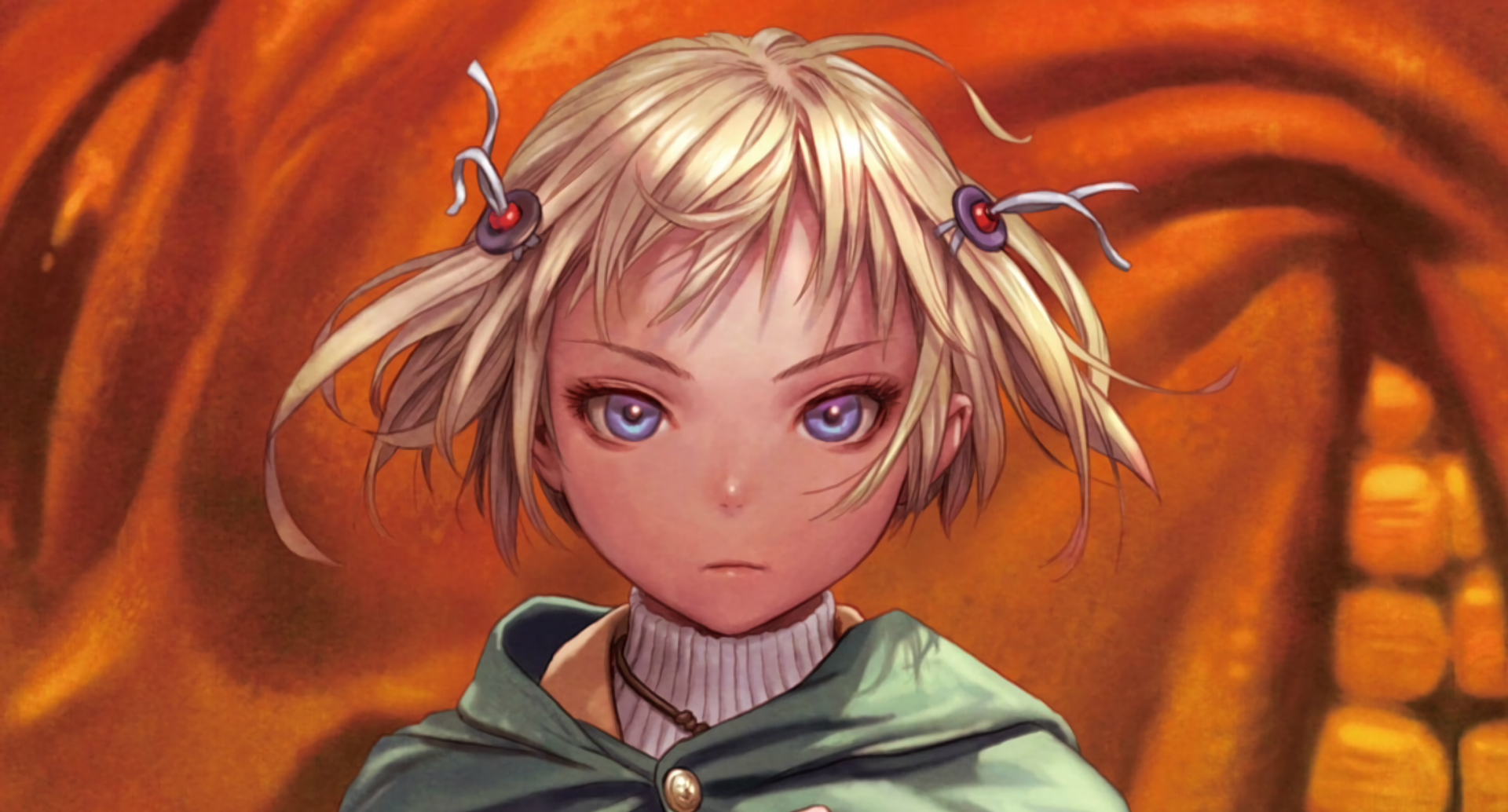 2K Quad HD PC desktop wallpaper: close-up anime-style young person with short blonde hair, purple eyes and green cloak, wind-tousled hair against a warm orange background.