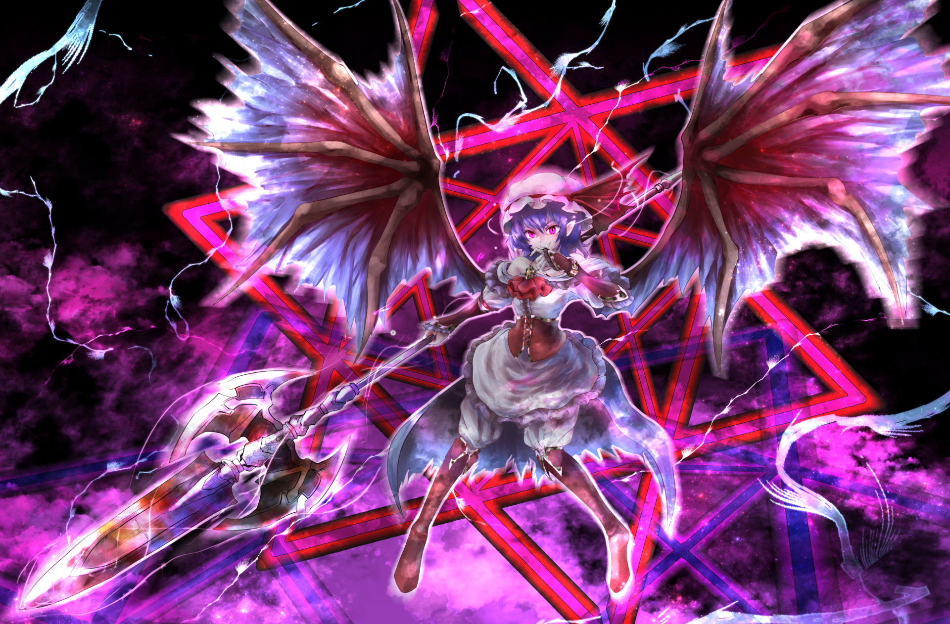 HD anime wallpaper featuring Remilia Scarlet from Touhou, showcasing her with vibrant wings, a detailed outfit, and a glowing magical background.