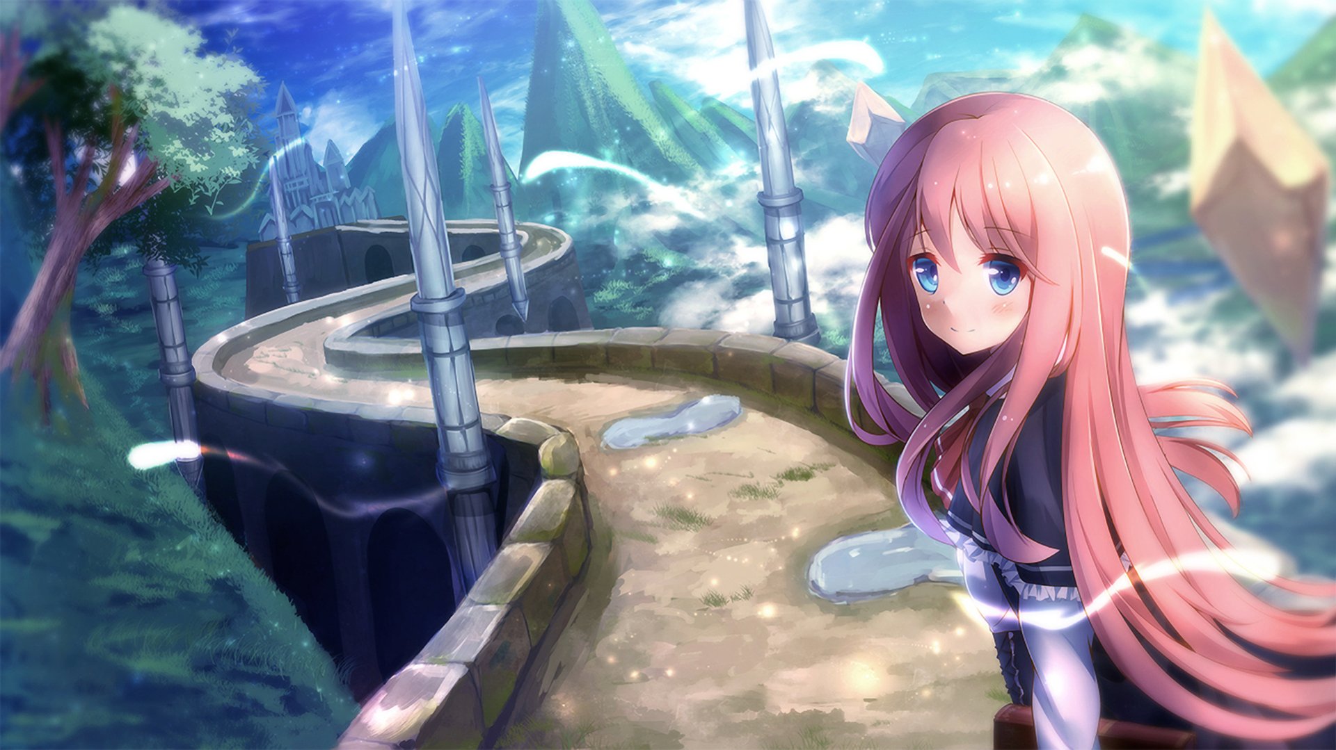 HD anime desktop wallpaper featuring an original character with flowing pink hair against a vibrant fantasy landscape with winding pathways and glowing skies.