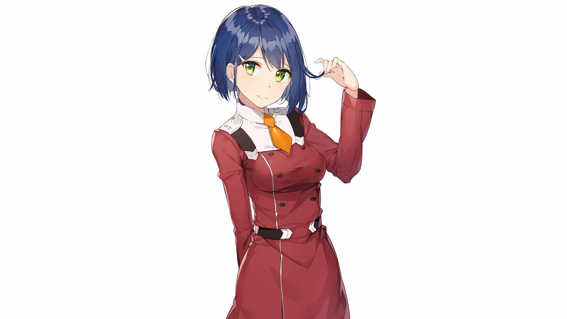 HD desktop wallpaper featuring Ichigo from the anime Darling in the FranXX, depicted in a red uniform with a yellow tie, standing against a white background.