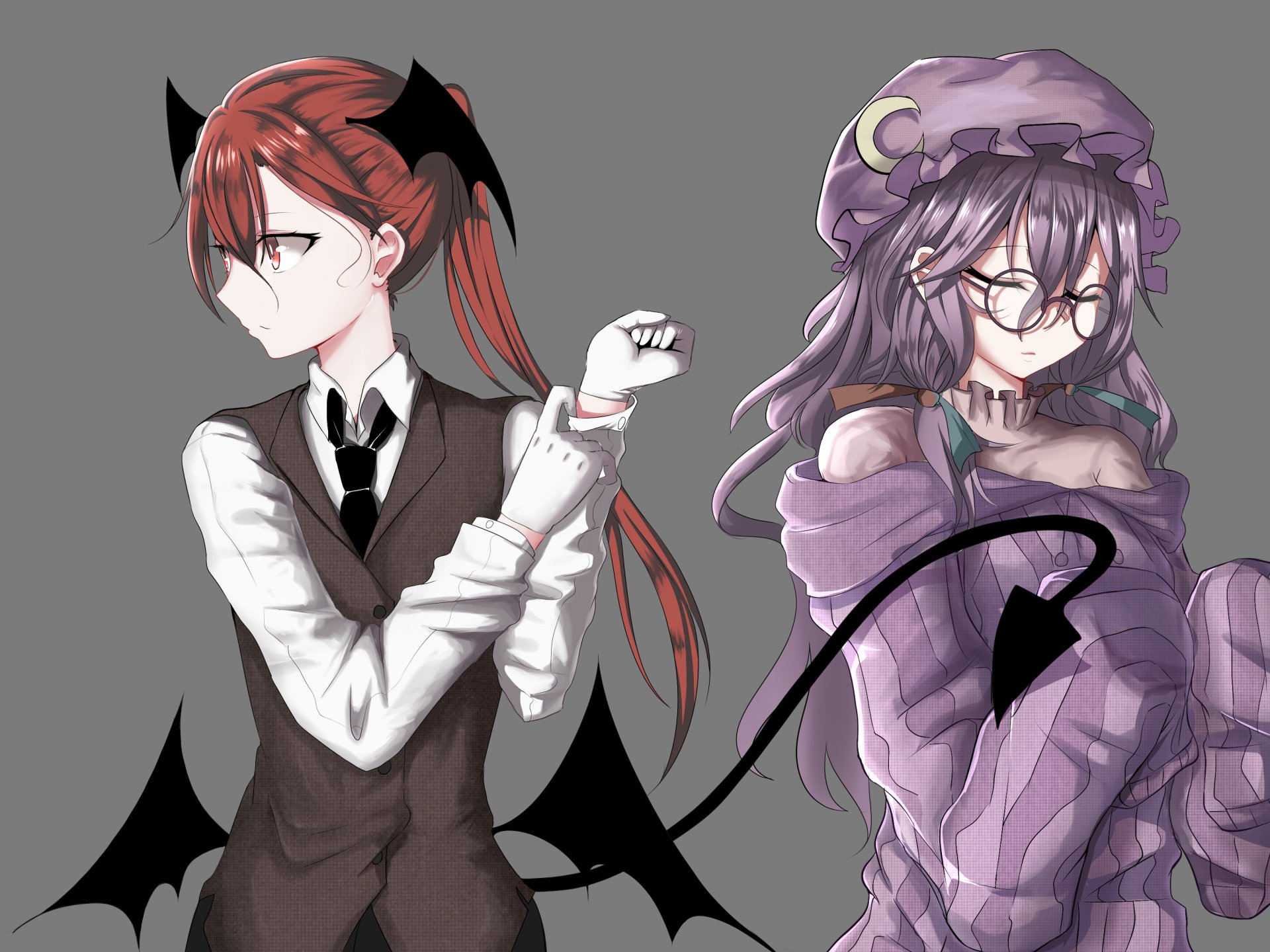 2K Quad HD PC desktop wallpaper of Touhou anime: Koakuma (left, red-haired, bat wings, vest) and Patchouli Knowledge (right, purple hat, robes, glasses).