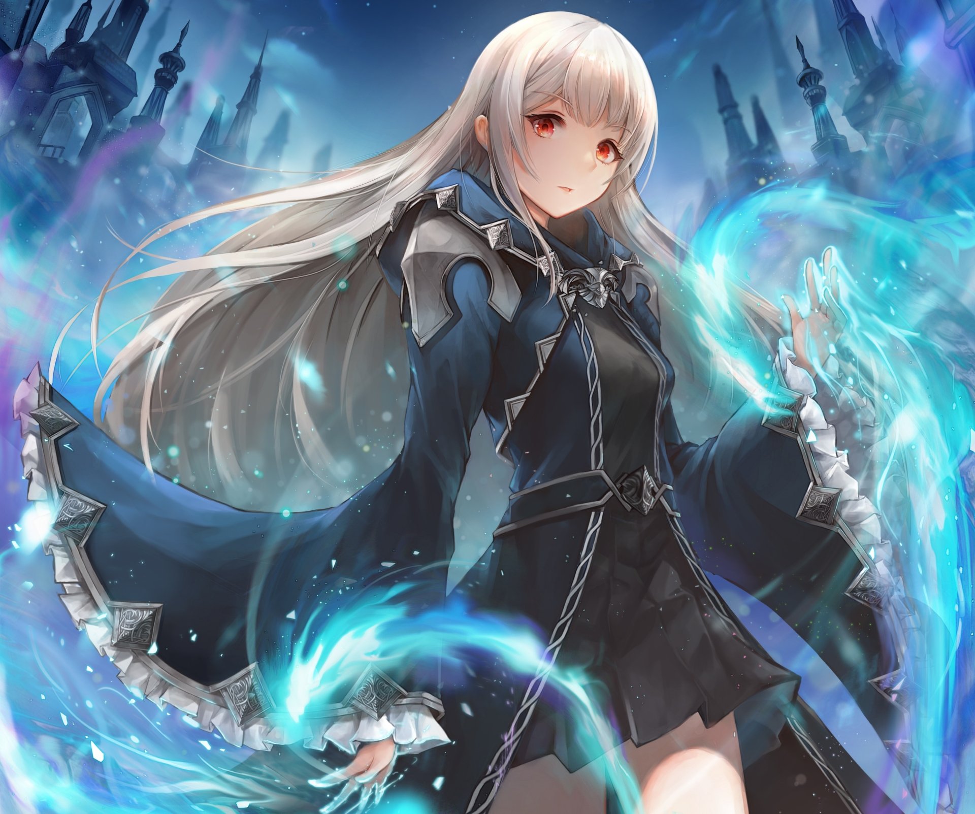 An anime character with blonde, long hair and red eyes performs magic in a mystical HD background. The character wears a detailed blue and black outfit, surrounded by an ethereal, glowing aura.
