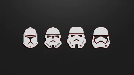 4K Ultra HD desktop wallpaper featuring minimalist helmets of Star Wars clone trooper, stormtrooper, and First Order in a sleek sci-fi design.