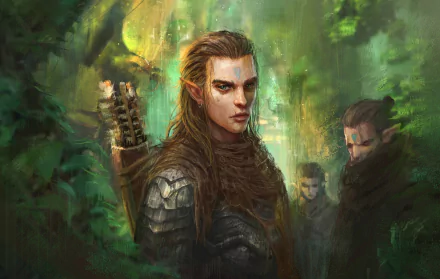 HD fantasy desktop wallpaper featuring an elf warrior with pointed ears, clad in armor, standing alert in a dense, mystical forest setting.