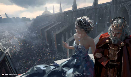 HD desktop wallpaper from GhostBlade showing a detailed scene of a king and a woman overlooking a large, crowded city from a balcony under a cloudy sky.