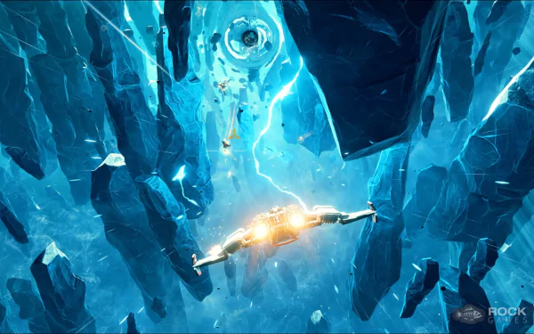 HD desktop wallpaper of a spacecraft navigating through a blue crystalline asteroid field from the game Everspace.