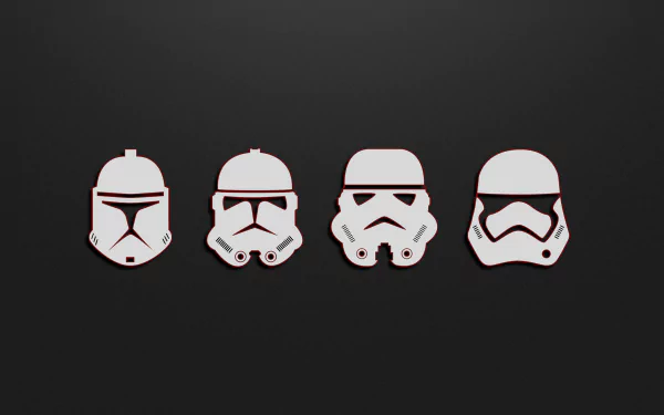 4K Ultra HD desktop wallpaper featuring minimalist helmets of Star Wars clone trooper, stormtrooper, and First Order in a sleek sci-fi design.