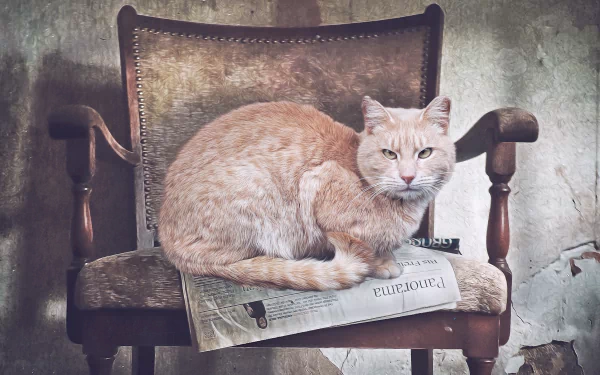 HD PC desktop wallpaper featuring a stare of a light orange cat sitting on an antique wooden chair with a newspaper, creating a calm, rustic animal scene.