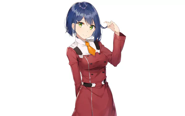 HD desktop wallpaper featuring Ichigo from the anime Darling in the FranXX, depicted in a red uniform with a yellow tie, standing against a white background.
