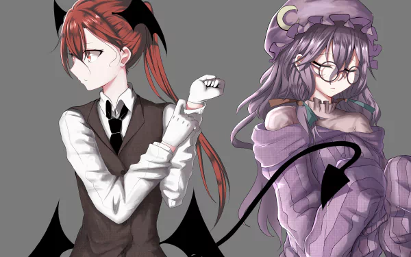 2K Quad HD PC desktop wallpaper of Touhou anime: Koakuma (left, red-haired, bat wings, vest) and Patchouli Knowledge (right, purple hat, robes, glasses).